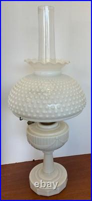 Cream Custard Glass Aladdin Tall Oil Lamp With Antique Hobnail Glass Shade