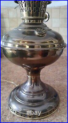 Electrified Antique Aladdin Brass Oil Lamp with Hurricane Globe and Shade