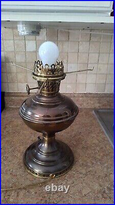 Electrified Antique Aladdin Brass Oil Lamp with Hurricane Globe and Shade