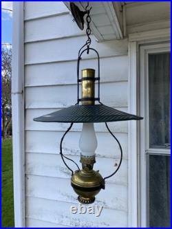 Electrified Country Store Antique Aladdin Brass Oil Lamp Green Tin Reflector