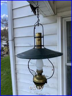 Electrified Country Store Antique Aladdin Brass Oil Lamp Green Tin Reflector
