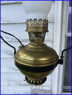 Electrified Country Store Antique Aladdin Brass Oil Lamp Green Tin Reflector
