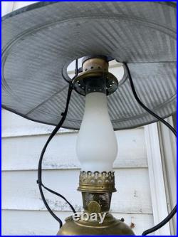 Electrified Country Store Antique Aladdin Brass Oil Lamp Green Tin Reflector