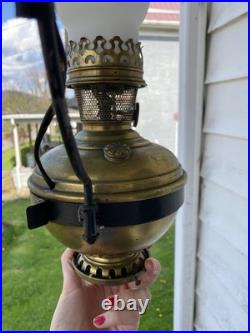 Electrified Country Store Antique Aladdin Brass Oil Lamp Green Tin Reflector