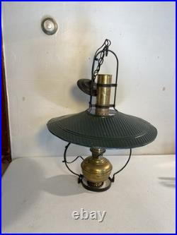 Electrified Country Store Antique Aladdin Brass Oil Lamp Green Tin Reflector
