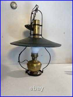 Electrified Country Store Antique Aladdin Brass Oil Lamp Green Tin Reflector
