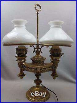 Embossed Harvard Brass Double Student Converted Lamp Plume Atwood Aladdin Genie