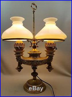 Embossed Harvard Brass Double Student Converted Lamp Plume Atwood Aladdin Genie