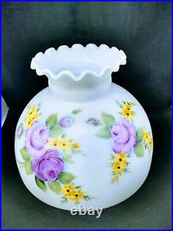 Glass Oil Electric Lamp Shade Hand Painted Purple Roses Daisies