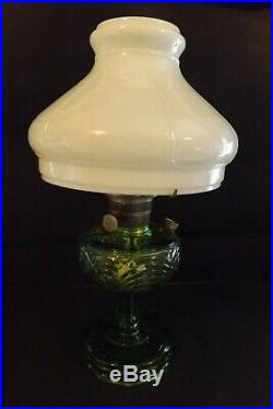 Green Aladdin Washington Drape Oil Lamp with Milk Glass Shade Model B Smooth Stem