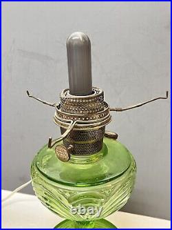 Green Glass Base Aladdin Lamp Electrified Oil Lamp WithShade + Bulb Uranium Glass