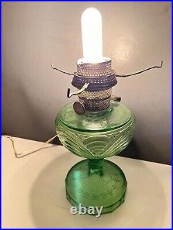 Green Glass Base Aladdin Lamp Electrified Oil Lamp WithShade + Bulb Uranium Glass