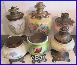 LOT OF 6 Font Style Oil Lamps Floral Antique Vintage Aladdin Rayo Kerosene Glass