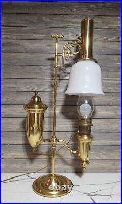 Lg. VTG. Aladdin Student Adjustable Brass Oil Tank Hurricane Electric Desk Lamp