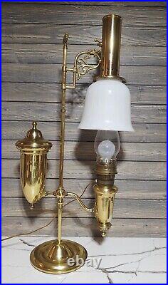 Lg. VTG. Aladdin Student Adjustable Brass Oil Tank Hurricane Electric Desk Lamp