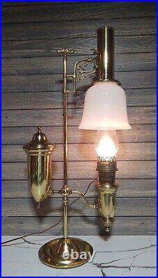 Lg. VTG. Aladdin Student Adjustable Brass Oil Tank Hurricane Electric Desk Lamp