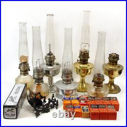 Lot of 7 Aladdin Kerosene Lamps, 10 Mantles, 3 Wicks, Aluminum Glass Brass MORE