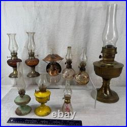 Lot of 9 Antique Oil Lamps with Chimneys Brass, Glass & Metal Aladdin #23