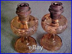 MATCHING PAIR Aladdin Amber Bell Stem Table Oil Lamps OUTSTANDING