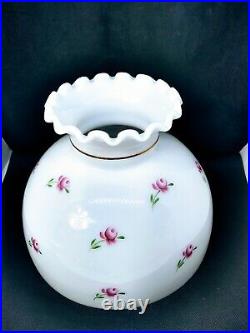 Milk Glass Student Oil Lamp Shade Pink Roses Hand Painted 10