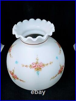 Milk Glass Student Oil Lamp Shade Pink Roses Hand Painted Floral Pattern 10 New
