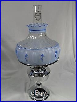 NEW ALADDIN CHROME KEROSENE OIL MANTLE LAMP With BLUE MEDOWS PAINTED GLASS SHADE