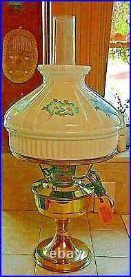 NEW BRASS ELECTRIFIED ALADDIN OIL LAMP WithGLASS SHADE & BLUE FLOWERS VINTAGE