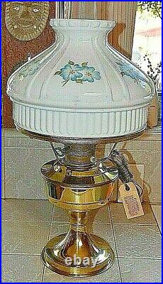 NEW BRASS ELECTRIFIED ALADDIN OIL LAMP WithGLASS SHADE & BLUE FLOWERS VINTAGE