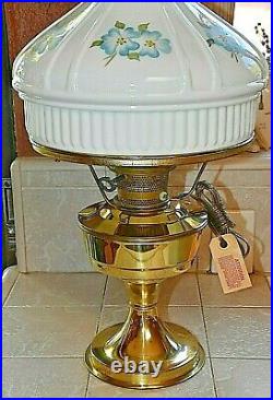 NEW BRASS ELECTRIFIED ALADDIN OIL LAMP WithGLASS SHADE & BLUE FLOWERS VINTAGE