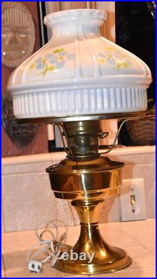 NEW NOS BRASS ELECTRIFIED ALADDIN OIL LAMP WithGLASS SHADE & BLUE FLOWERS VINTAGE