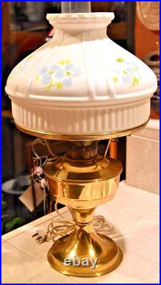 NEW NOS BRASS ELECTRIFIED ALADDIN OIL LAMP WithGLASS SHADE & BLUE FLOWERS VINTAGE