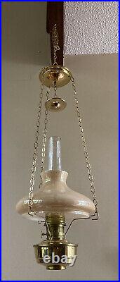 NIB VTG ALADDIN 23 Brass Hanging Kerosene Oil Lamp Peach Luster Lamp Shade