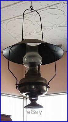 NICKEL PLATED KEROSENE HANGING LAMP / Original Wasp Body Flue C. 1890's