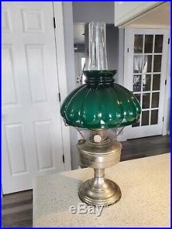 Nickle Plated Aladdin #12 Lamp With Green Cased Shade And Chimney Globe 23