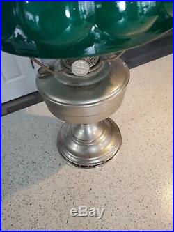 Nickle Plated Aladdin #12 Lamp With Green Cased Shade And Chimney Globe 23