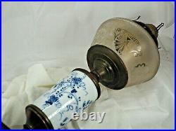 Oil Lamp Aesthetic style c 1880 frosted font ceramic blue white Queen Ann burner
