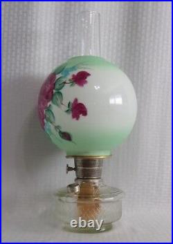 Old Aladdin CLEAR DIAMOND QUILT Shelf Oil Lamp with Hand Painted ROSE Ball Shade