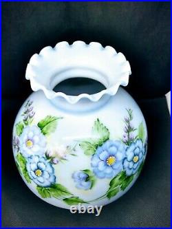 Opal Glass Oil Lamp Shade Hand Painted Blue Flowers Electric Hurricane