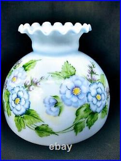 Opal Glass Oil Lamp Shade Hand Painted Blue Flowers Electric Hurricane