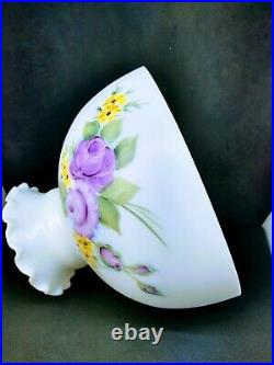 Opal Glass Student Lamp Shade Hand Painted Purple Roses Daisies