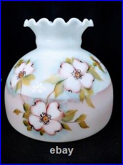 Opal Glass Student Oil Lamp Shade Hand Painted Dogwood Flowers 10