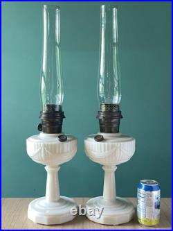 PAIR Aladdin LINCOLN DRAPE Alacite Glass Kerosene Oil Lamps Model B Tall Vintage