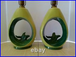 PAIR Vintage 60's ALADDIN Brand Teardrop Chartreuse & Blue Green Table Lamps MCM