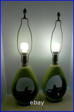 PAIR Vintage 60's ALADDIN Brand Teardrop Chartreuse & Blue Green Table Lamps MCM