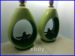PAIR Vintage 60's ALADDIN Brand Teardrop Chartreuse & Blue Green Table Lamps MCM