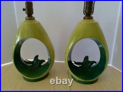 PAIR Vintage 60's ALADDIN Brand Teardrop Chartreuse & Blue Green Table Lamps MCM