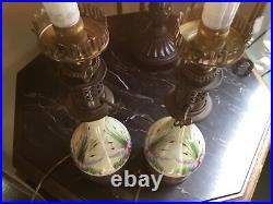 Pair Of Porcelain Victoria Lamps Gone Electric Large Flower Decal