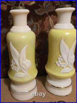 Pair Vtg MCM Aladdin Alacite Chartreuse Flower Opalescent Glass Lamp Bases 15