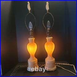 Pair of Aladdin Peach Luster Alacite Vintage Table Lamp Original Finials 1940s