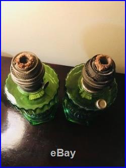 Pair of Antique Nu-Type Kerosene Aladdin Lamps Model B Emerald Green withWicks